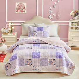 Joyreap Twin Size Quilt Set for Girls, Pink n Purple Floral Patchwork Design, 2 Pieces Soft n Cozy Microfiber Quilt, Bedspread Bed Cover for All Season- 68x88 inches