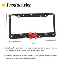 Bling Bow Car License Plate Frame, 2PCS Sparkly Rhinestone Vehicle License Plate Cover for Women Girls, Diamond Automotive Front Rear Number Tag Holder, Universal for SUV RV (Black/Red)