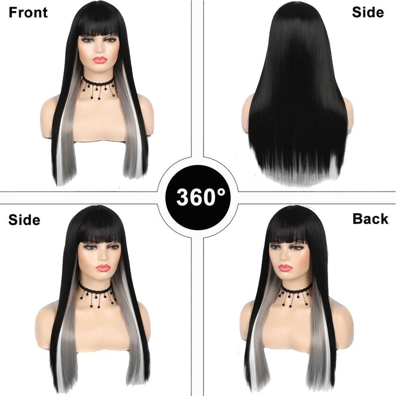 Kaneles Long Straight Black Mix Grey Wig With Bangs Heat