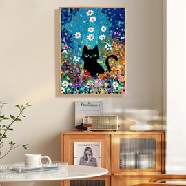 Fountor 12” W x 16”L Framed Paint by Numbers Kit for Adults Beginner, Black Cat Adult Paint by Number Kits on Canvas, Cat Flowers Oil Painting by Numbers for Home Decor Gift