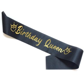 Luwigs Birthday Queen Sash Black Satin with Gold Foli Letter Happy Birthday Sash Gifts for Women and Girls Party Decorations Supplies (Black)