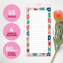 S&O Magnetic Notepads for Refrigerator 4 Pack - Fun Floral Magnetic Note Pad for Fridge Sets - Magnetic List Pads for Refrigerator - Magnet Notepads for Refrigerator - 3.5” x 7”, 45 Pages