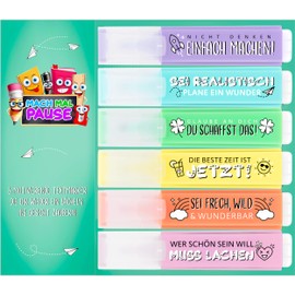 MACH MAL PAUSE® 6 x Pastel Highlighters - The Motivational Funny Highlighter Set for Learning and Marking is the Gift for Students Teachers Colleagues - The Marker Pens for School Office