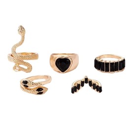 Snake Rings for Women Gold Snake Knuckle Adjustable Rings Boho Crystal Heart Stacking Finger Rings Set Vintage Goth Serpentine Heart Ring Jewelr-Black