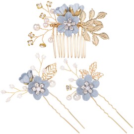 HINZIC 3pcs Flower Tassels Hairpin for Women, Non-Slip Pearl Hair Clips Headpiece, Retro Chinese Hanfu Wedding Brides Hair Accessories for Long Hair- Blue