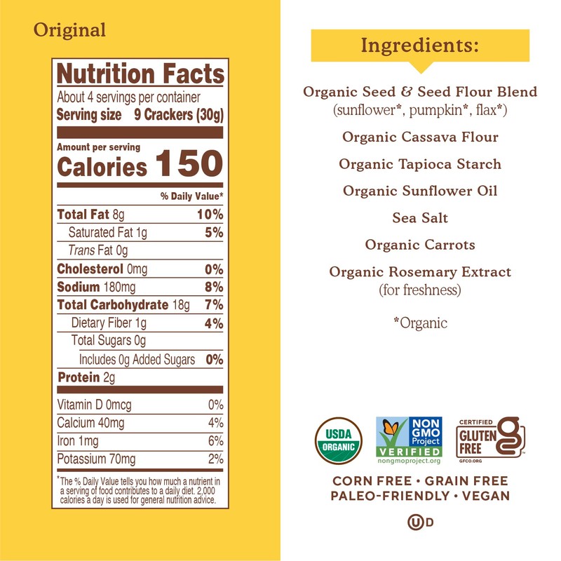 Simple Mills Organic Seed Crackers, Original - Gluten Free, Vegan,