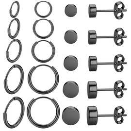 PATISORNA 10 Pairs Men Earrings Silver Black Studs for Men Women Stainless Steel Ear Studs Dot Hypoallergenic Cartilage Hoop Earring Set