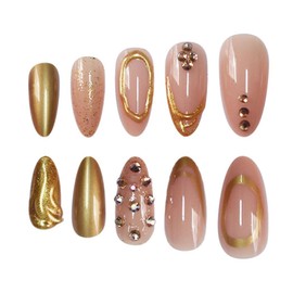 Fall Press on Nails Almond Medium Fake Nails with Rhinestones Lines Glitter Designs Gold Nails Press ons Nude False Nails for Women 24Pcs