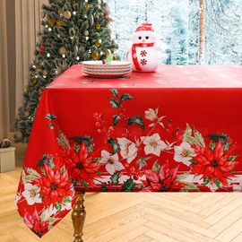 homing Christmas Rectangle Tablecloth – Red Poinsettia Flower Holly Holiday Wrinkle Resistant Spillproof Easy Care Table Cloth for Party and Family Gatherings- 60" x 102"