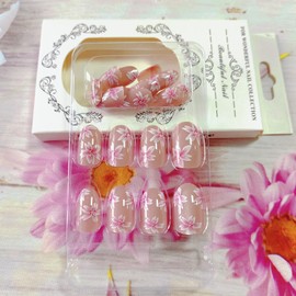 Flower Press on Nails Short Almond Cat Eyes Fake Nails with Designs Spring Pink False Nails Cute Gel Acrylic Nails Glossy Oval Glue on Nails Ombre Floral Stick on Nails for Women Supplies 24Pcs