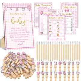Patelai 321 Pcs Baby Shower Games Supplies, 5 Sets (50 Cards Each) Activities Cards with 20 Pencils 1 Don't Say Baby Sign 50 Clothespin (Pink Girl)