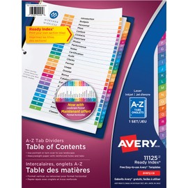 Avery Ready Index A-Z Tab Binder Dividers, Customizable Table of Contents, Multicolour Tabs, 1 Set (11125)