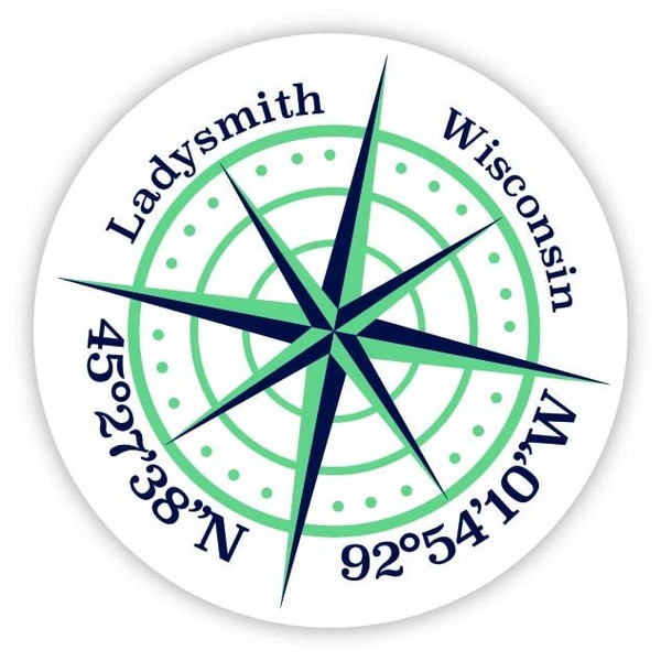 Ladysmith Wisconsin 2-Inch Vinyl Decal Sticker Latitude Longitude Compass Design
