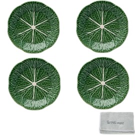 Bordallo Pinheiro Cabbage Green Dessert Plate Set of 4 with Wine Savant Cleaning Towel - Gourmet Kitchen Presentation Lettuce Serving Dish Platter For Dinner, Party, Wedding, Elegant Tableware 8"L