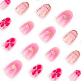 24Pcs Flower Press on Nails Short Round Fake Nails Pink Gradient Acrylic Full Cover Glue on Nails Cute Spring False Nails with Star Floral Designs Glossy Stick on Nails for Women Girls