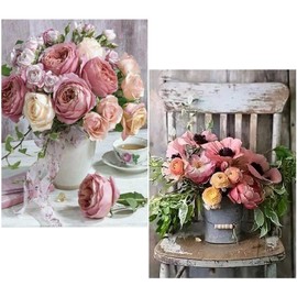 Pinenuts Diamond Painting Kits, Pack of 2 Rose & Flower 5D Diamond Painting by Numbers, Diamond Painting Pictures, Arts Craft Set with Accessories for Home, Wall and Entrance Decoration (30 x 40 cm,