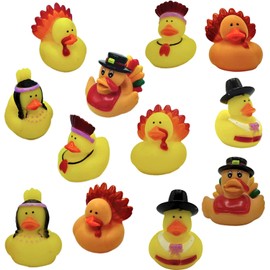 4E's Novelty - Juego de 12 patos de goma con temática de Acción de Gracias, pavo y patos peregrinos, suministros de fiesta de Acción de Gracias para niños, centro de mesa de vinilo de 2.5 pulgadas, para juguetes de baño para niños, Jeep Ducking