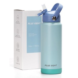 pluseight Stainless Steel Drinking Bottle, 750 ml, Leak-Proof Stainless Steel Bottle with Straw and Lid for School, Children, Women, Men, Leak-proof and Sweatproof with Anti-Dust Lid (Blue)
