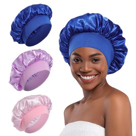 Coubeau Pack of 3 Silk Caps for Sleeping - Elastic Sleep Cap for Various Hair Types, Silk Cap, Silk Hair Wrap for Sleeping, Soft and Comfortable Satin Sleep Cap, Pink+Purple+Blue