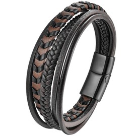 Mochity Men's Leather Bracelet, Braided Leather Bracelet for Men, Black Brown Blue Bracelets for Men, 21 cm Leather Bracelet, Father's Day Gift for Dad Gift, Jewellery Men, Stainless Steel, Stainless