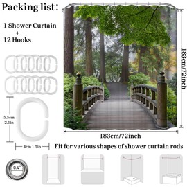 Simpomsy Japanese Shower Curtain Morning Foggy Wooden Bridge Japanese Garden with Various Types of Trees Polyester Fabric Shower Curtain Green with 12 Hooks 180x180cm