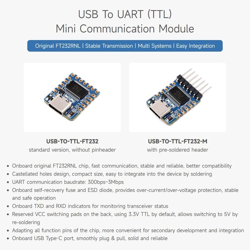 Waveshare USB to UART (TTL) Mini Communication Module, Stable Communication,