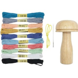 zalati Darning Mushroom Kit with 10 Coloured Threads, Wooden Tool with Strong Grip and Gradual Curvature for Sewing Yarns, Socks, Sweaters, Trousers, Hats, Scarves