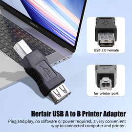 Herfair USB A to B Printer Adapter, USB 2.0 A Female to USB B Printer Male Converter for Printer, Scanner, Fax Machine, More (USB A Female to B Male, 2Pack)