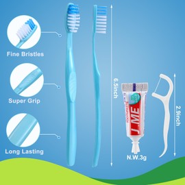 FoldTier 300 Sets Bulk Disposable Toothbrushes Toothpaste Floss Individually Wrapped Dental Floss Pick Kit Homeless Hygiene Kit Bulk Homeless Care Package Supplies for Travel Hotel (Blue,Pink)