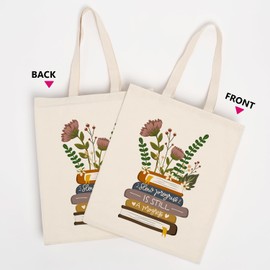 OUZ Aesthetic Floral Books Tote Bag, Flower Canvas Tote Bag for Book Lover Teacher Librarian Pouch Bag Reusable Grocery Bags-Bookshelf Flowers Growing from Books (Beige Book Flower)