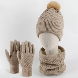 BambooMN Unisex Men Women Soft Warm Cozy Outdoor Winter Pom Pom Beanie Hat, Infinity Scarf, Glove Set for Cold Weather, Pink