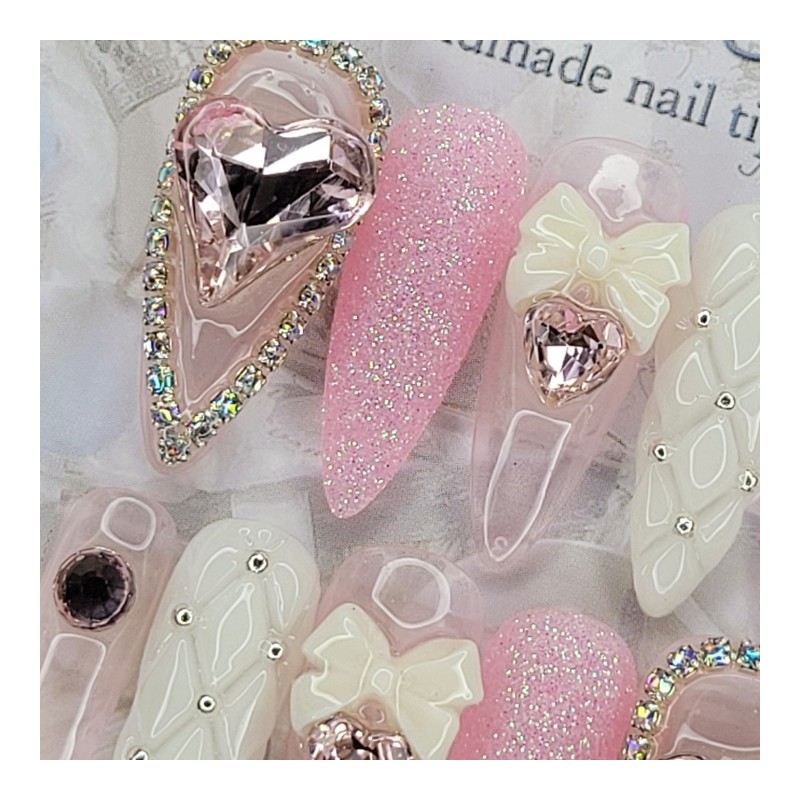 Pink Heart Emboss Handmade Nail Tips - Oval S /