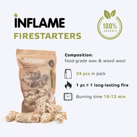 Inflame Fire Starters 24 pcs /Organic/ Easy Fire for Wood & Charcoal - Super Fast Lighting, Any Weather / Grill, BBQ, Wood Stove, Campfires, Fireplace, Pellets / Waterproof, Lightweight