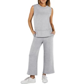 ANRABESS Women's 2 Piece Sets Summer Outfits Sleeveless Wide Leg Tracksuits Casual Sweat Sets Lounge Sweatsuits Light Grey Medium