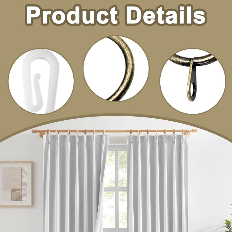 100 PCS Brass Curtain Rings and Hooks Set, 30mm Internal