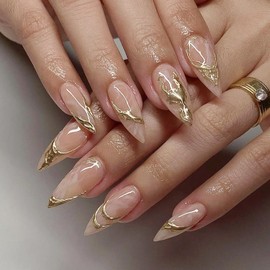 24Pcs French Press on Nails Medium Almond Fake Nails with 3D Gold Stamping Designs Artificial Stick on Nails Irregular Metal Lines French Tip Nails Glue on Nails Luxury Stiletto False Nails for Women
