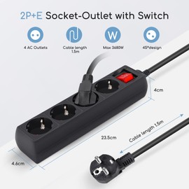 Aigostar Steckdosenleiste 4-Fach mit Schalter Tischsteckdose Kindersicherung 1,5m Kabel, Schwarz