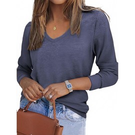 Zeagoo Womens Long Sleeve V Neck T Shirts Casual Soft Basic Tee Tops Solid Cute Tunic Fall Outfits Navy Blue XL