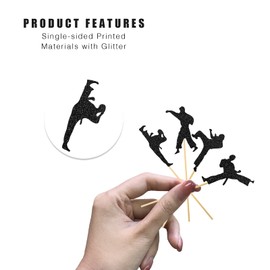 Helewilk 24pcs Karate Taekwondo Cupcake Toppers, Kung Fu Theme Baby Shower Party Supplies, Boxing Sport Theme Cupcake Decor, Man Kids Birthday Party Decoration - Black Glitter