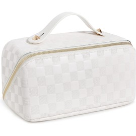 BIVIZKU Large Capacity Checkered Makeup Bags Portable Travel Cosmetic Bags Open-Flat Toiletry Waterproof Bag for Women Make up Organizer with Divider and Handle Pouch Zipper Bag (A-White)