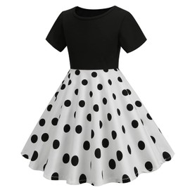 IWEMEK Kids Girls 50s Vintage Polka Dot Dress Retro Rockability Cocktail Swing Dress Short Sleeve 1950s Audrey Hepburn Dress 60s Colorblock Summer Dress Evening Prom Dress Black+White 4-5 Years