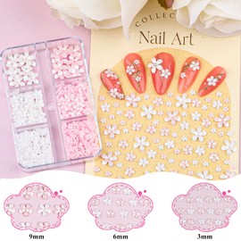 4 Boxes 3D Flower Nail Charms and Gems - Pink/White Nail Flower & Bow Charms Crystal AB Clear Gemstones Silver/Gold Caviar Beads White/AB Pearls for Women DIY Manicure Crafts (20-S4-PinkWhite)
