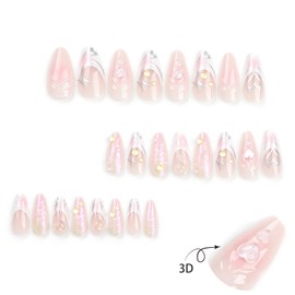 24Pcs French Tip Press on Nails Almond Shaped Fake Nails with Sparkling Heart & Mermaid Bubble Beads Design Full Cover Acrylic False Nails Medium Length Nails Finger Nail Set for Women