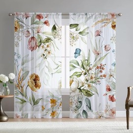 Cortinas transparentes florales para sala de estar, juego de 2 paneles de 213 cm de largo, elegante, de gasa, estampado de flores amarillas primaverales, para recámara