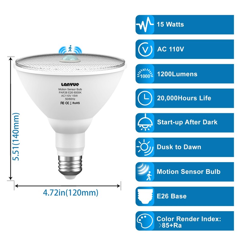 lanyue Motion Sensor Light Bulbs, Dusk to Dawn Outdoor Lighting,