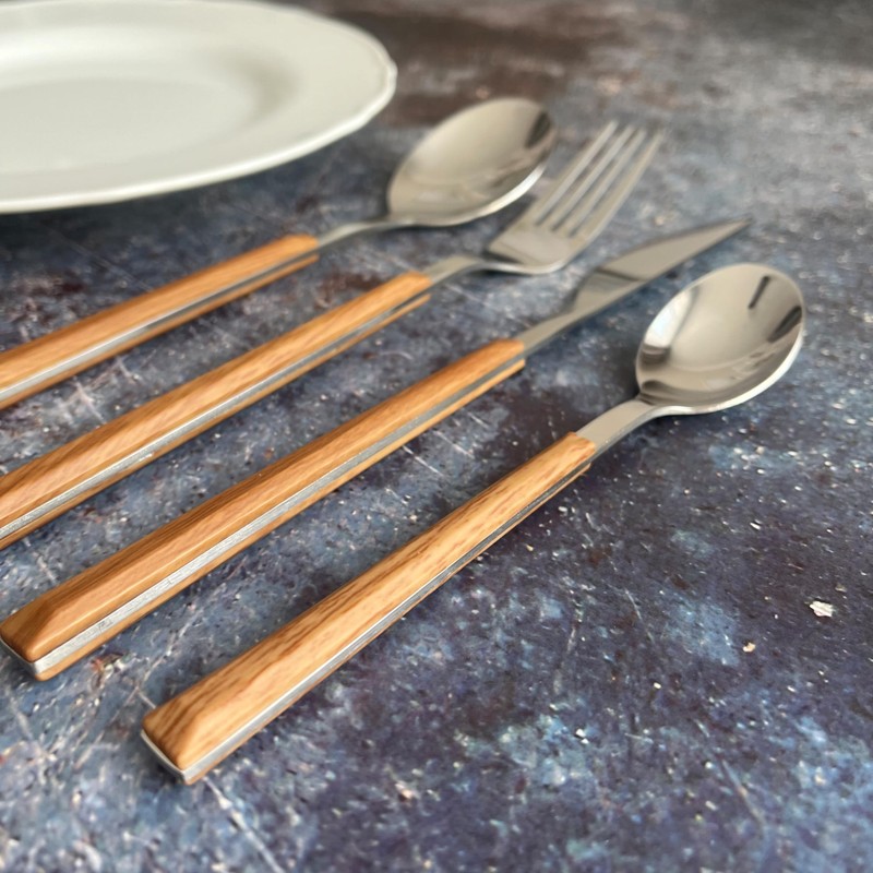 16Pc Cutlery Set Wood Grain Effect Tableware Stainless Steel ABS