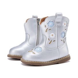 BMCiTYBM Baby Cowgirl Boots Infant Cowboy Western Boots Toddler Boys Girls Round Toe Riding Mid Calf Boots All Seasons for 6 9 12 18 24 Months Silver Size 4 Toddler