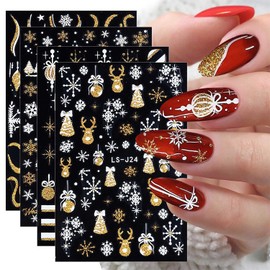 4 Sheets Christmas Nail Stickers for Nail Art Micro Relief Gold Snowflake Nail Art Stickers Gold Glitter Elk Bells Design Winter Xmas Nail Decals for Women Girls New Year Holiday Nail Decoration