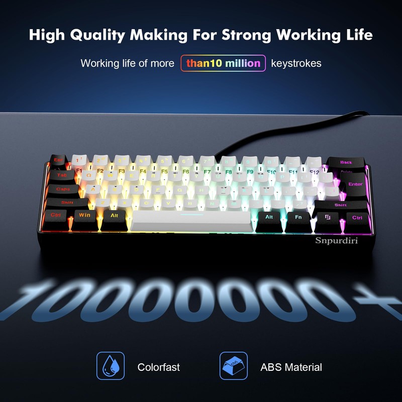 Snpurdiri 60% Wired Gaming Keyboard, 61 Keys RGB Backlit Ultra-Compact