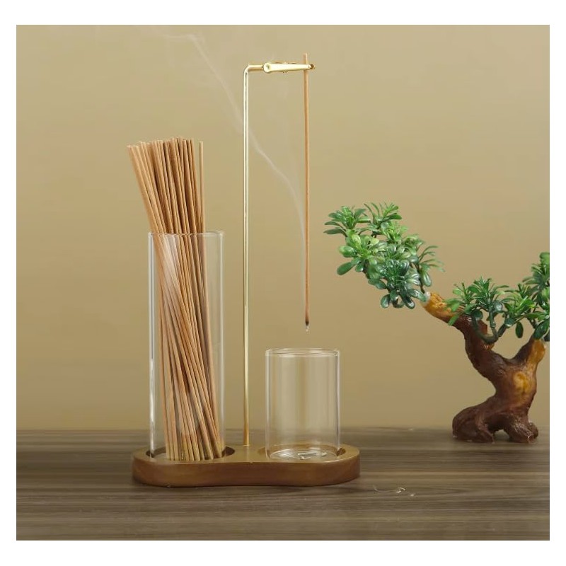 Modern Incense Holder with Glass Ash Catchers, Wooden Base, Glass